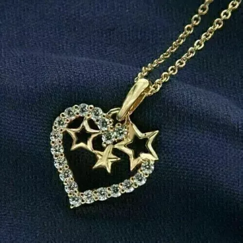 1Ct Round Cut Real Moissanite Star Heart Pendant 14K Yellow Gold Plated 18 Chain