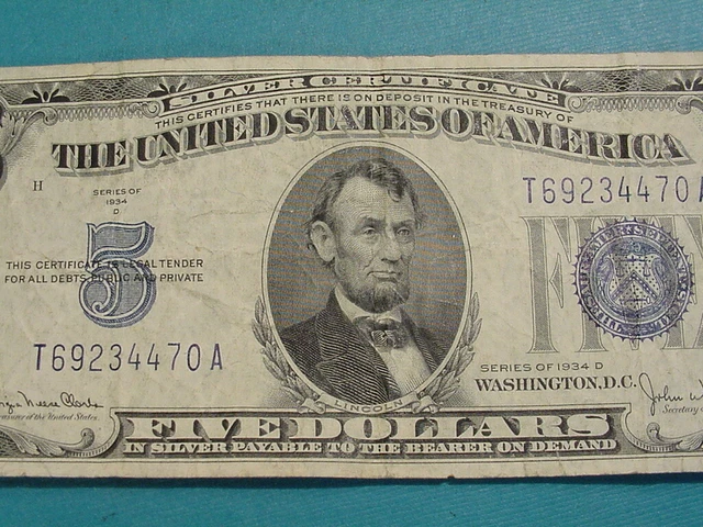 1934 D Series $5 Silver Certificate VG Blue Seal No Pin Holes 5