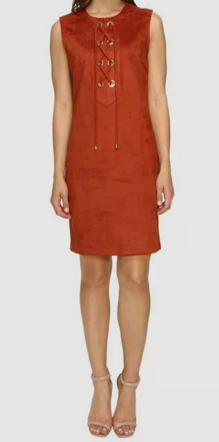 $393 Christin Michaels Women's Orange Decatur Suede Sleeveless Dress SIze 16