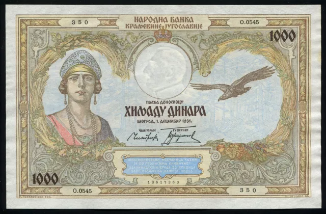 Yugoslavia - 1000 Dinara Banknote 1931 P-29 Queen Maria (AU)
