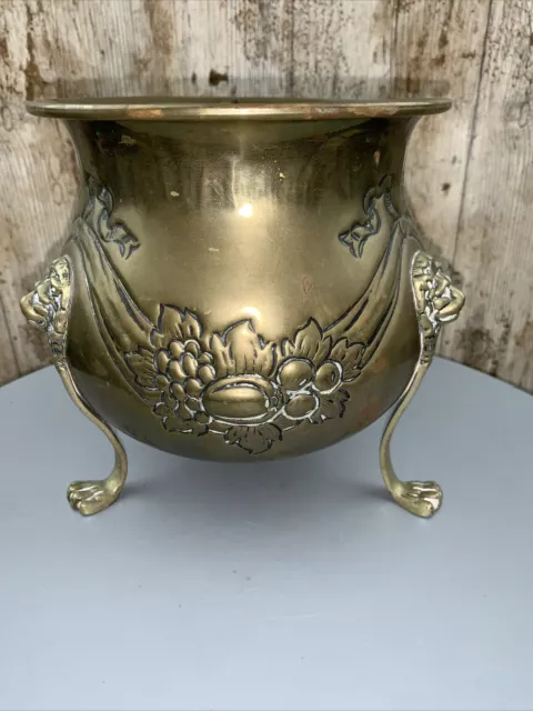 Antique Mid Victorian Century Brass Cauldron Jardiniere/Planter Lion Head & Claw
