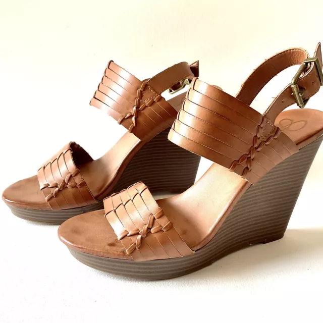 Jessica Simpson Jayleesa Wedge Sandal Brown Faux Leather Heels Size 7.5 M / 37.5