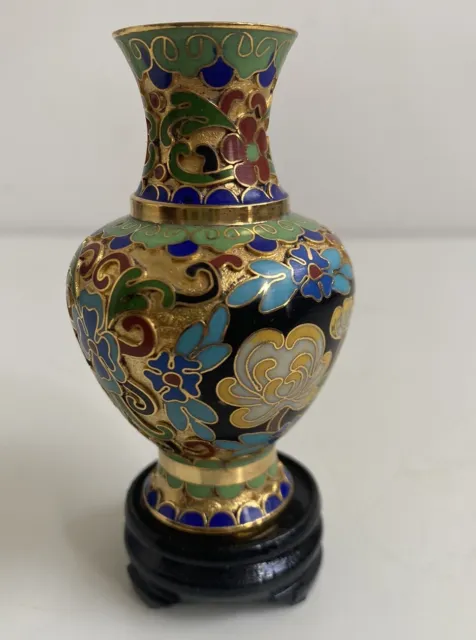 Chinese Cloisonne Enamel Gilded Decorative Vase Flowers W/Stand