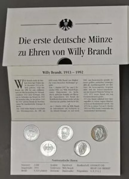 5 x 2 DM BRD, 1994 Münzset „Die ersten deutschen Münzen zu Ehren von Willy Brand