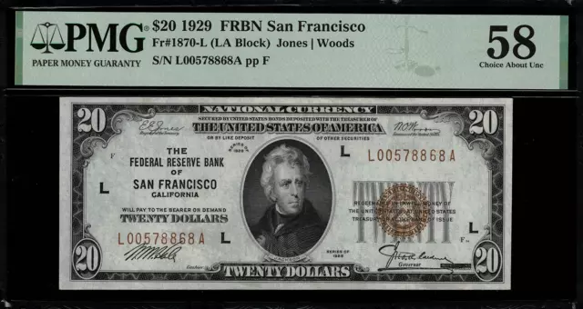 1929 $20 Federal Reserve Bank Note - San Francisco - FR.1870-L - Graded PMG 58