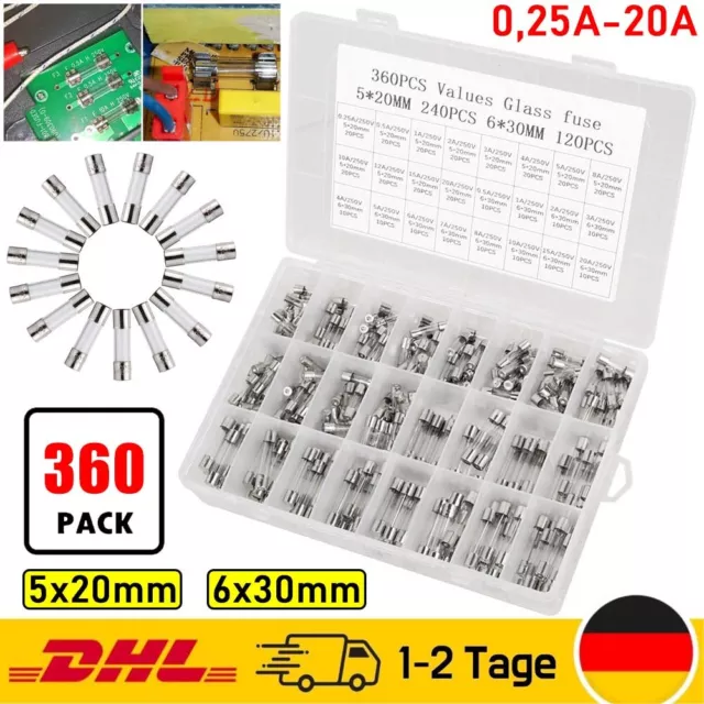 360x Glassicherung Feinsicherungen Sortiment Glas Sicherung 5x20mm 6x30mm 250V