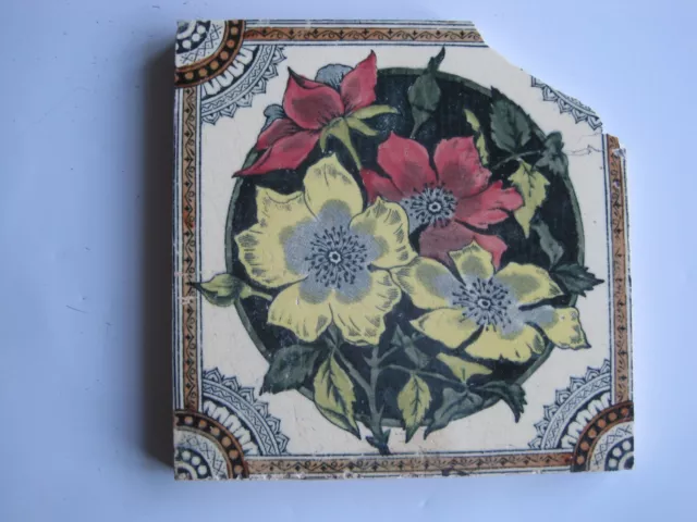 Antique Victorian 6" Sq. Print And Tint Yellow / Pink Floral Wall Tile - C1890