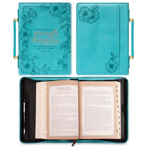 Women's Fashion Bible Cover Strength and Dignity Proverbs 31:25, Teal Faux Le...