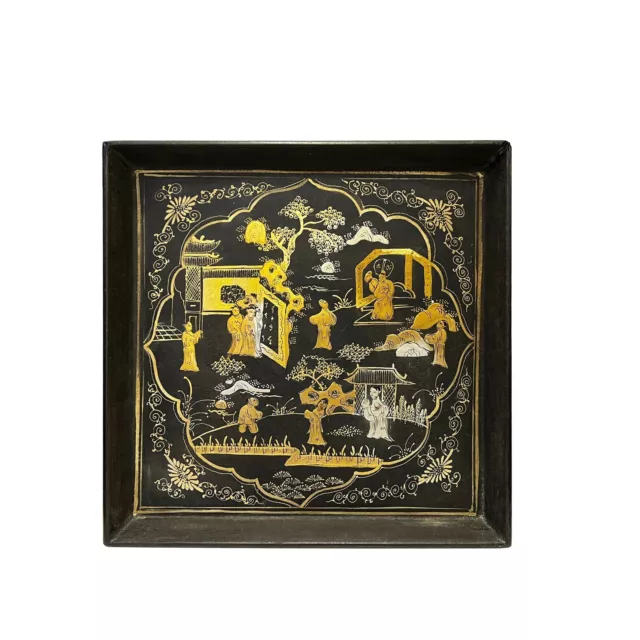 Chinoiseries Golden Graphic Brown Lacquer Round Display Disc Plate Tray ws3390S Chinoiseries Golden Graphic Brown Lacquer Round Display Disc Plate Tray ws3390S