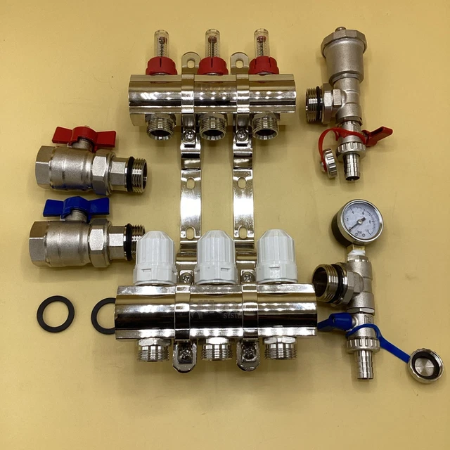 UNDERFLOOR HEATING 3 WAY MANIFOLD WITH VALVES & PRESSURE GAUGE 16mm ...
