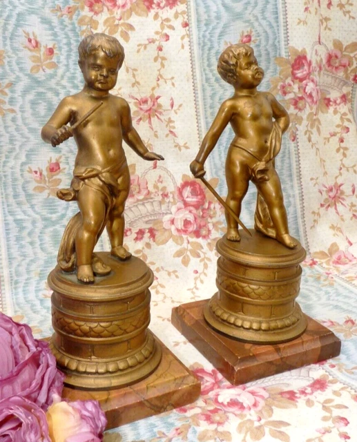 ANCIENNE PAIRE de PUTTI/ AMOUR en RÉGULE et MARBRE XIXe,  STATUETTES ANCIENNES