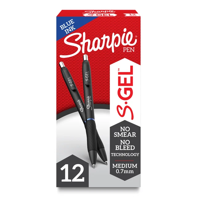 Sharpie S Gel Pens, Fine Point, 0.7 mm, Black/Blue, Blue Ink, Pack Of 12 Pens