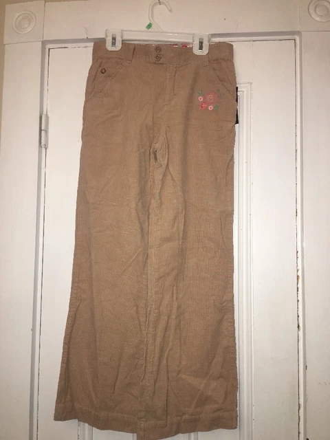 NWT OshKosh Girls Tan Beige Corduroy Pants Sz 12 Embroidered Floral Adj Waist