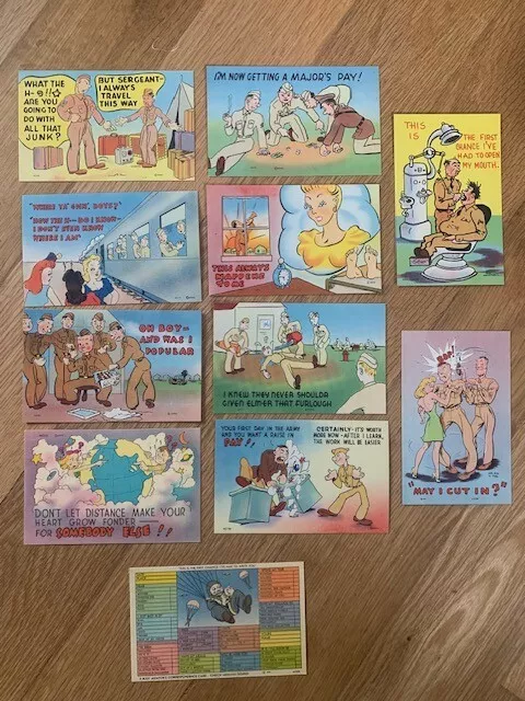 11 WW2 Original Comic Military Postcards