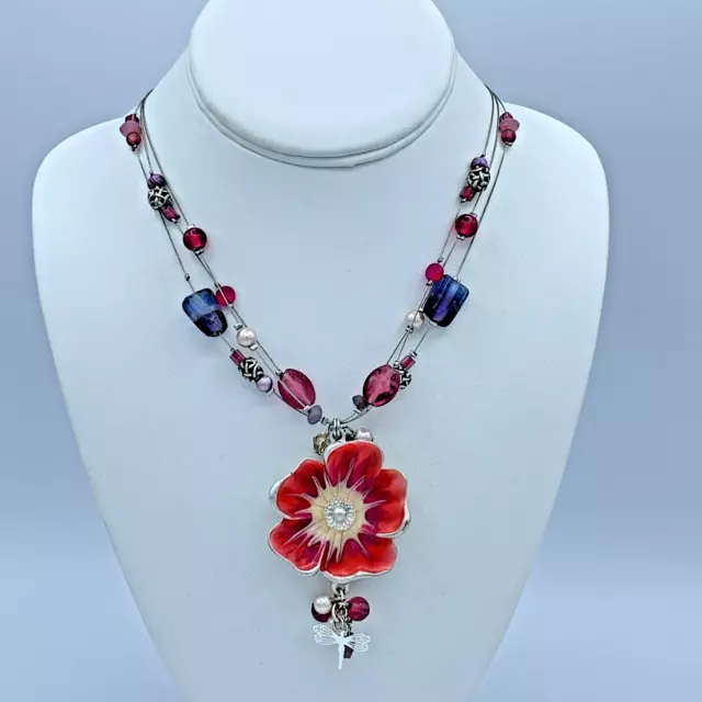 Chico’s Floating Bead Necklace With An Enamel Flower Pendant 3-520