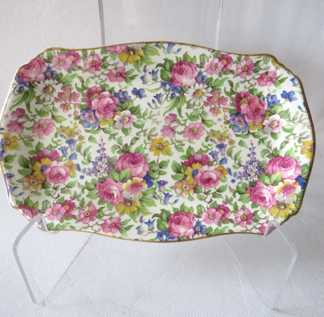 Vintage Grimwades Royal Winton Rect Tray Pink & Blue Chintz Summertime 8" x 5"