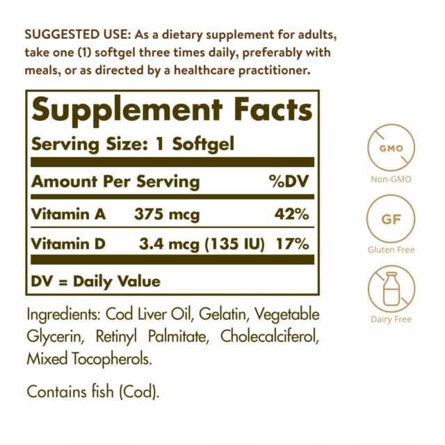 Solgar, Cod Liver Oil, Vitamins A & D, 250 Weichkapseln - Blitzversand 2