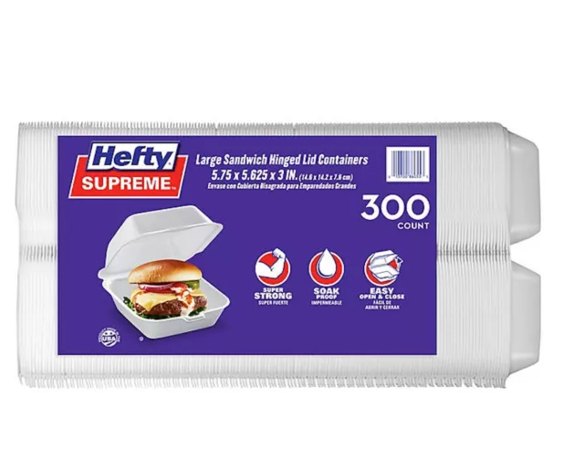 Hefty Supreme Large Sandwich Foam Hinged Lid Containers, 6" (300 ct.)