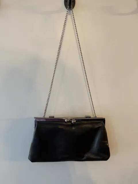 RUTH E SALTZ  Vintage Black Leather Shoulder Bag  Silver Chain Purse Clutch