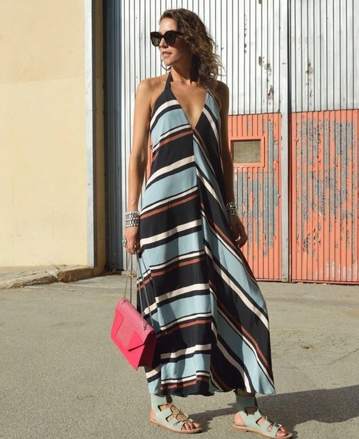 ZARA NEW WOMAN LONG STRIPED DRESS BLUE/BLACK ONE SIZE : M Ref. 7657/607  $39.99 - PicClick