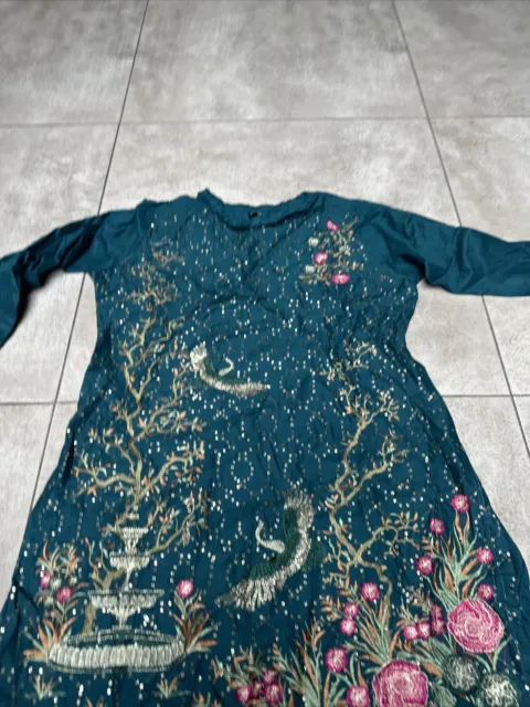 Teal Embroidered Silk Dress Size M