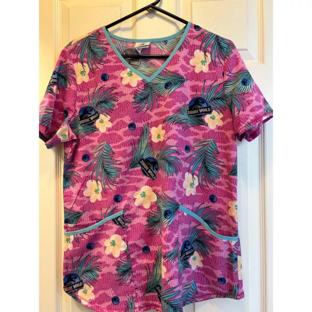 Women's Jurassic World Scrub Top Size M Dinosaur and Floral Scrub Top