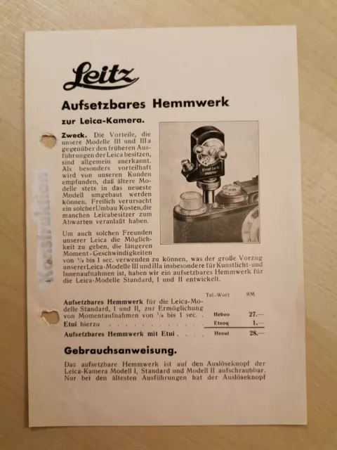 Leica Leitz Druckschrift Jahr 1937 Aufsetzbares Hemmwerk