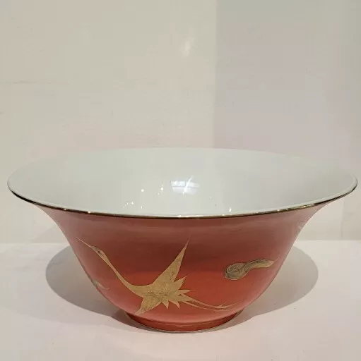 Gumps Stork Rust & Gilt Japanese Bowl Ceramic Handpainted Centerpiece 9.5in