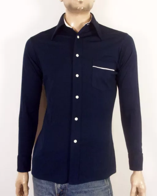 vintage 70s Van Heusen Splendor Navy Textured Polyester Shirt Disco Piping Mod M