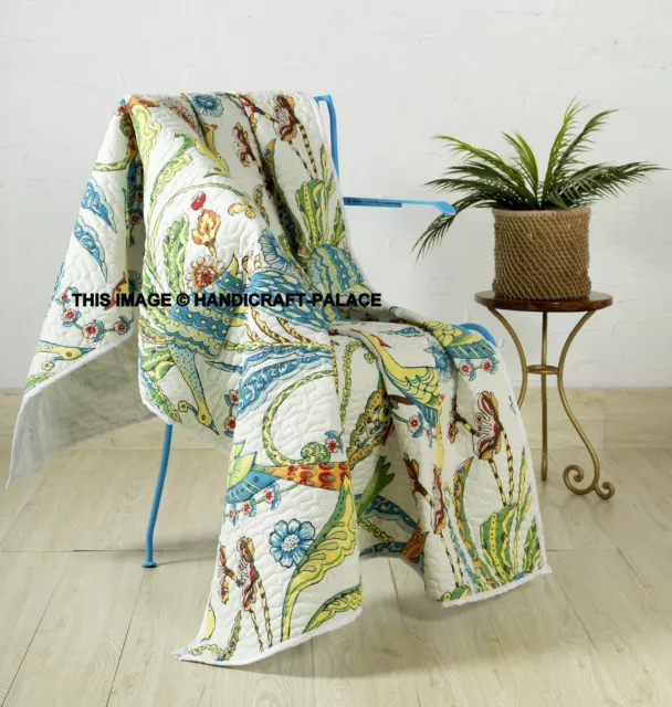 WHITE BIRD PRINTED INDIAN KANTHA QUILTED SOFT THROW BLANKET 50x70 INCH BEDDING