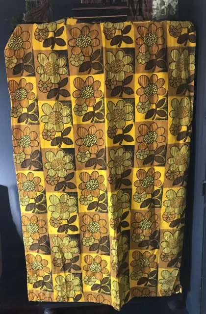 Vintage Midcentury Bark Cloth Yellow/ Brown Door Curtain 60's Flower Modernist