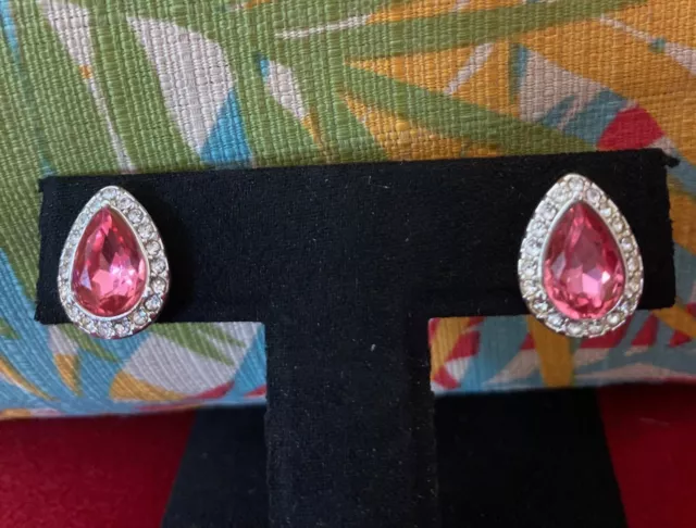 Avon women's jewelry pierced stud earrings pink and white rhinestone silver tone