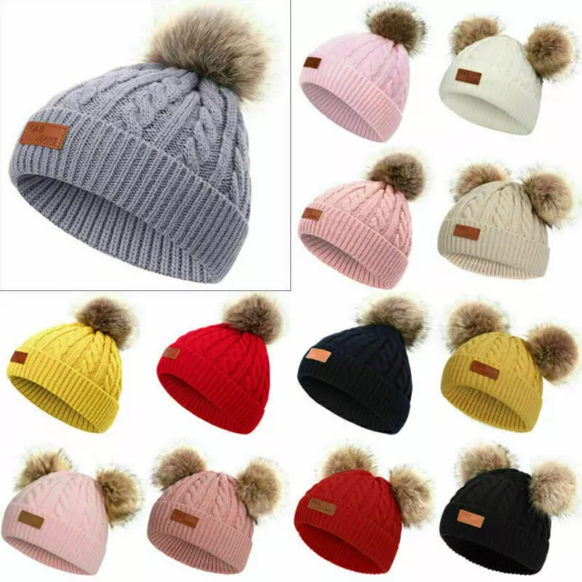 Kids Baby Winter Warm Toddler Boy Girl Knitted Beanie Cap Fur Pom Bobble Hat  AU 3