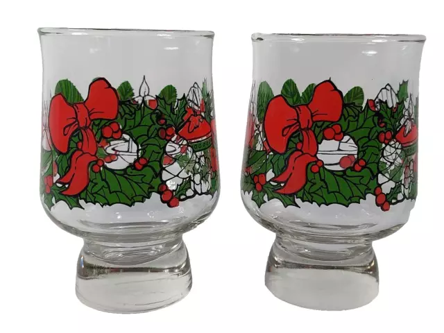 2 VTG Christmas Drinking Glass Candle Wreath Holly Berries Footed Tumblers 70s