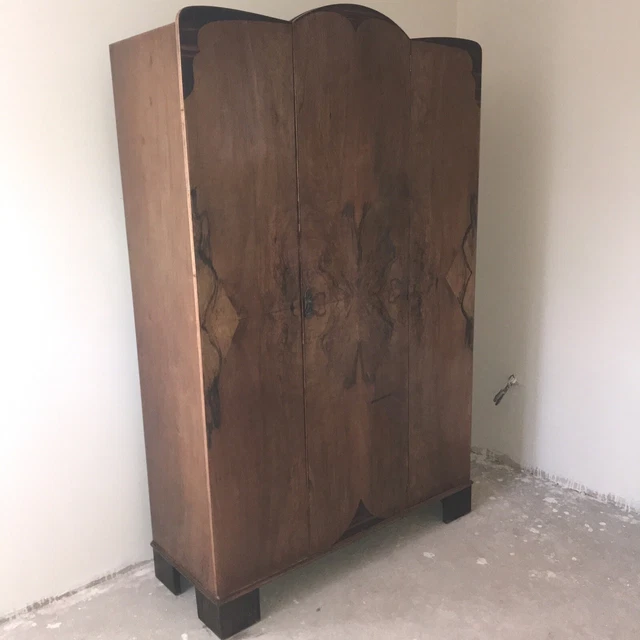 Antique wardrobe walnut art deco gothic large double mirror shelf hanging rail g