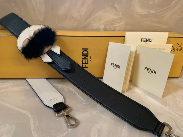 NIB FENDI Mink Leather Karlito Karlo w/ Sunglasses Black White Strap for Handbag