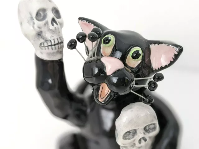 Amy Lacombe 2002 Whimsiclay Ceramic Pottery Halloween Skull Black Cat Figurine