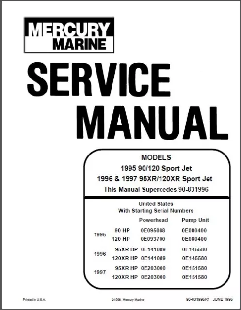 Mercury 90 / 120 / 95XR / 120XR Sport Jet Drive Service Repair Manual CD