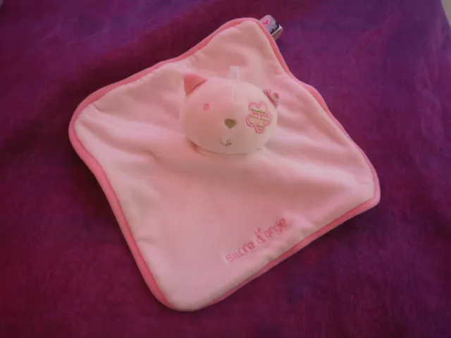 Doudou Plat Chat Rose  Oeil En Cocard Motif Fleur Sucre D'orge
