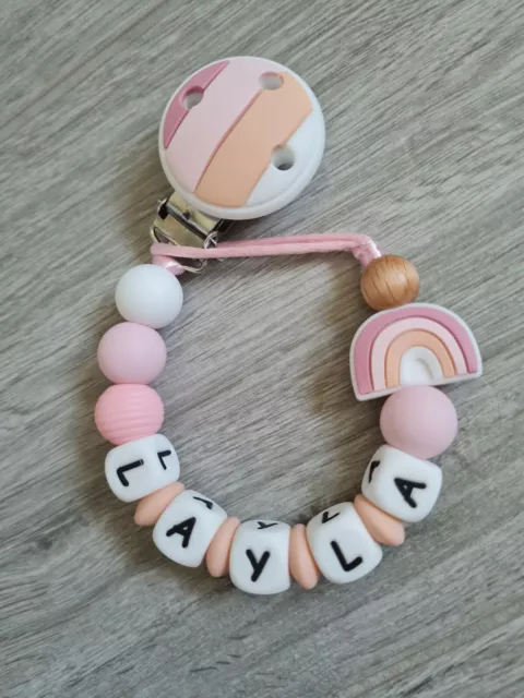 Personalised Silicone Baby Girl Rainbow Dummy Clip Holder Pacifier Chain Strap