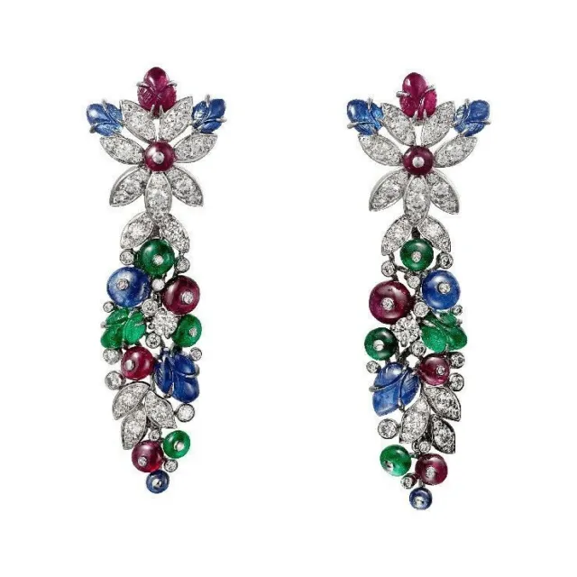 Tutti Frutti Earrings Long Dangle Handmade Jewelry for Women 925 Sterling Silver
