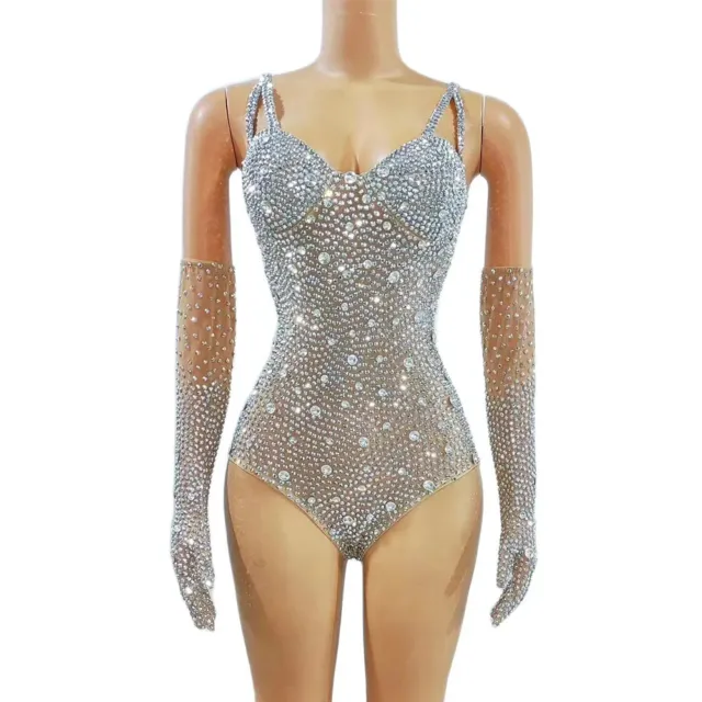 Women Rhinestone Jumpsuit Bodysuit Sexy Performance Dance Costume Stage Wear