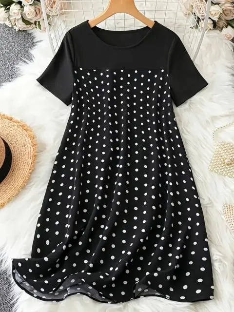 New Plus Size 18 20 22 24 26  Elegant Black White Polka Dot A Line Dress Curve