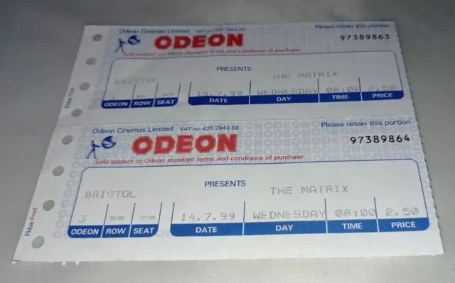 THE MATRIX Film -  Cinema Movie Ticket Stubs Odeon Bristol UK 1999 Vintage Rare 3