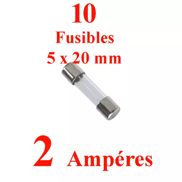 10 Fusibles en Verre 5 x 20 mm  Puissance 2 Ampéres