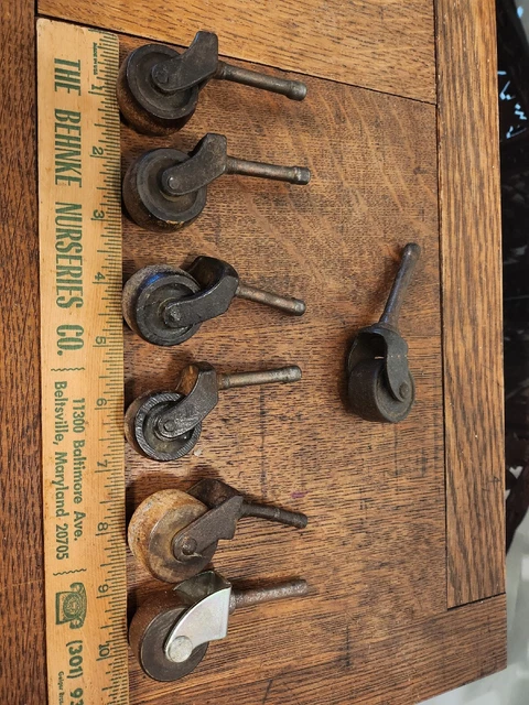 Antique Vintage Industrial Set Of 7 Metal And Wood 1 3/8” Inch Caster Wheels