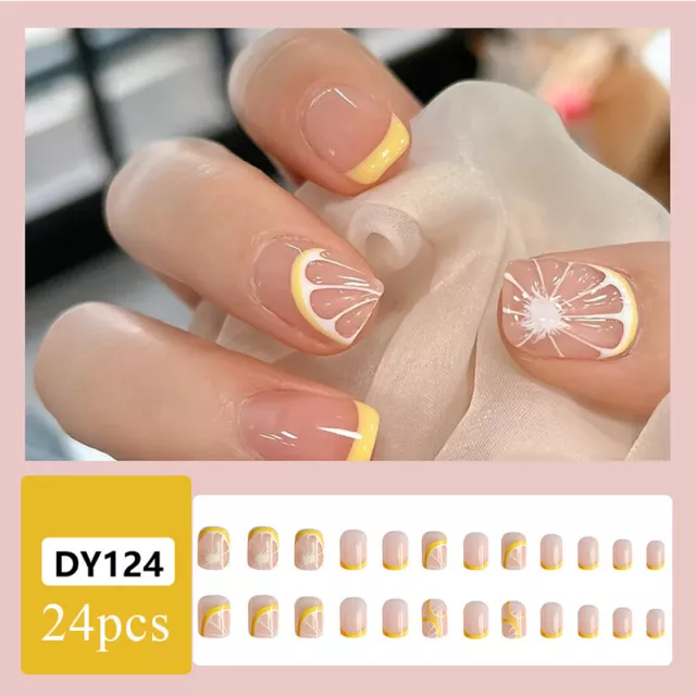 24pcs Lemon Design Fake Nails Press on Full Cover Artificial Short False Nails