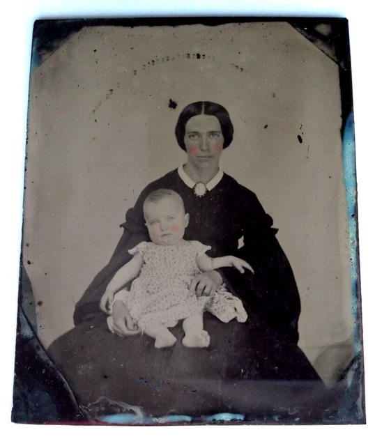 1/9th Plate Ruby Ambrotype Photo Lady in Black/Civil War Post-Mortem Baby Child?