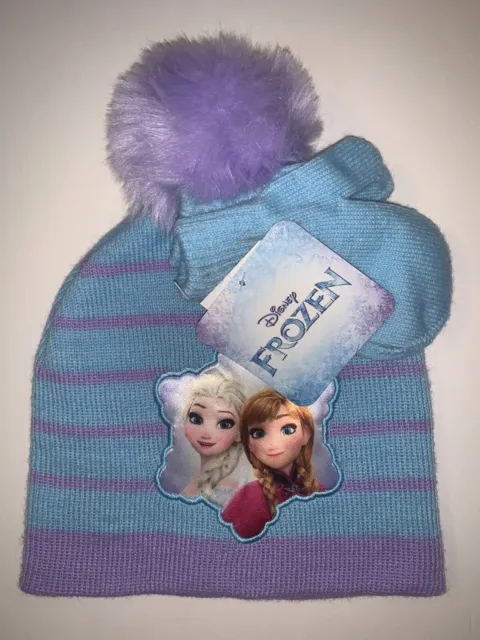 Disney Frozen Anna Elsa Knit Winter Beanie Hat & Mittens Set w/ Pom-Pom Toddler
