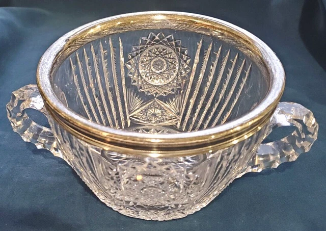 Antique American Brilliant Period Cut Glass Ice Tub w Handles Sterling Hobstar